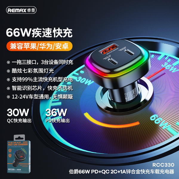 REMAX RCC330 Earl Series RGB Colorful Lighting 66W PD+QC Fast Car Charger (1USB / 2Type C Charging Ports )