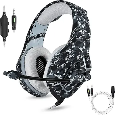 ONIKUMA K1B Camouflage - Pro Gaming headsets wired with omni-directional microphone noise cancelling in Ergonomic Design equipped with Stereo Surround sound LED Lights